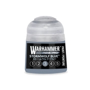 A Warhammer Tone Pro Stormwolf Blue paint pot featuring a label with a row of numbered circles, where the third circle is highlighted.