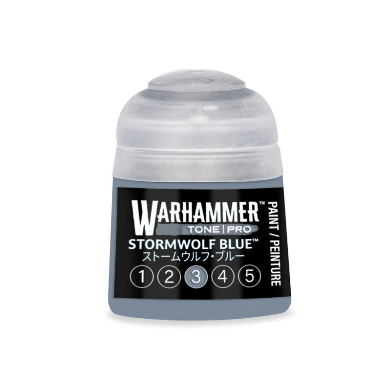 A Warhammer Tone Pro Stormwolf Blue paint pot featuring a label with a row of numbered circles, where the third circle is highlighted.