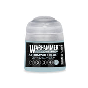 A Warhammer Tone Pro light blue paint pot labeled Stormwolf Blue, featuring a row of numbered circles from one to five with the fifth circle highlighted.