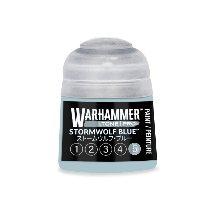 A Warhammer Tone Pro light blue paint pot labeled Stormwolf Blue, featuring a row of numbered circles from one to five with the fifth circle highlighted.