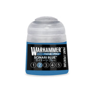 Small blue Warhammer Tone Pro paint pot with a translucent cap, featuring a black label with text and a numbered scale from one to five with the number two highlighted.