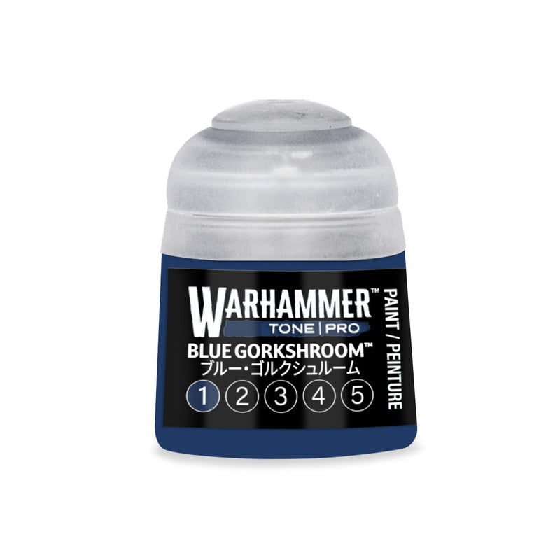 A small Warhammer Tone Pro plastic pot of blue paint with a label featuring the name Blue Gorkshroom and a row of numbers from one to five in circles.