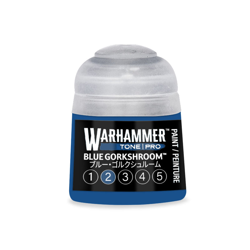 A small Warhammer Tone Pro blue paint pot labeled Blue Gorkshroom, featuring a series of numbered circles from one to five with the number two highlighted.