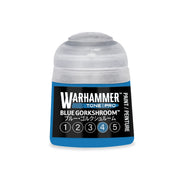 A Warhammer Tone Pro paint pot with a blue label featuring the text Blue Gorkshroom and a circled number four.