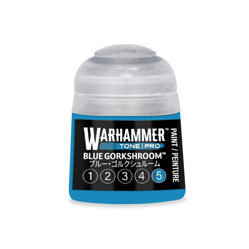 A blue Warhammer Tone Pro plastic paint pot with a silver cap and a black label reading Tone Pro Blue Gorkshroom, featuring a numbered scale from one to five with the number five circled.