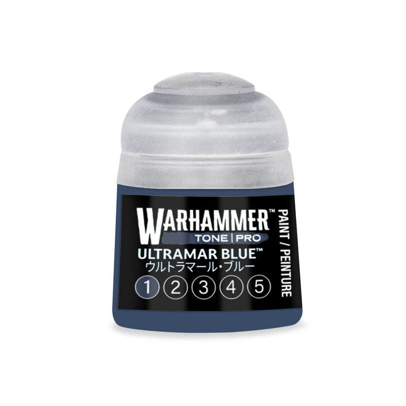 A pot of Warhammer Tone Pro Ultramar Blue paint, featuring a label with a row of numbers from one to five.
