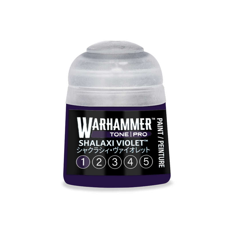 A Warhammer Tone Pro pot of Shalaxi Violet paint featuring numbered circles one through five on the label.