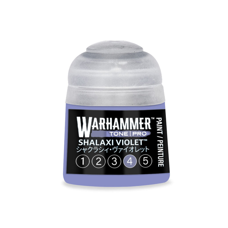 A light purple Warhammer Tone Pro paint pot with a black label reading Shalaxi Violet and a row of numbers from one to five circled at the bottom.