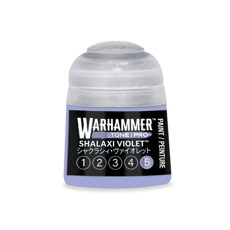 Small Warhammer Tone Pro plastic paint pot containing light purple Shalaxi Violet paint, with the number five highlighted in a circle on the label.