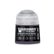 A pot of Warhammer Tone Pro dark purple paint, featuring a label with the text Enrapturess Dusk and a row of numbers from one to five.