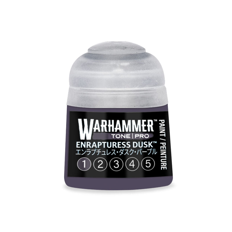 A pot of Warhammer Tone Pro dark purple paint, featuring a label with the text Enrapturess Dusk and a row of numbers from one to five.