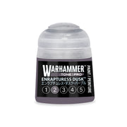 A pot of Warhammer Tone Pro dark purple acrylic paint labeled Enrapturess Dusk, featuring a row of numbered circles from one to five.