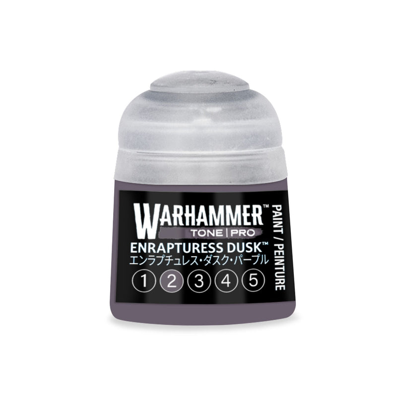 A pot of Warhammer Tone Pro dark purple acrylic paint labeled Enrapturess Dusk, featuring a row of numbered circles from one to five.