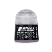 A bottle of Warhammer Tone Pro hobby paint in Enrapturess Dusk purple, featuring a label with the color name and a row of numbers one through five at the bottom.