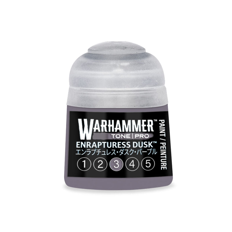 A bottle of Warhammer Tone Pro hobby paint in Enrapturess Dusk purple, featuring a label with the color name and a row of numbers one through five at the bottom.