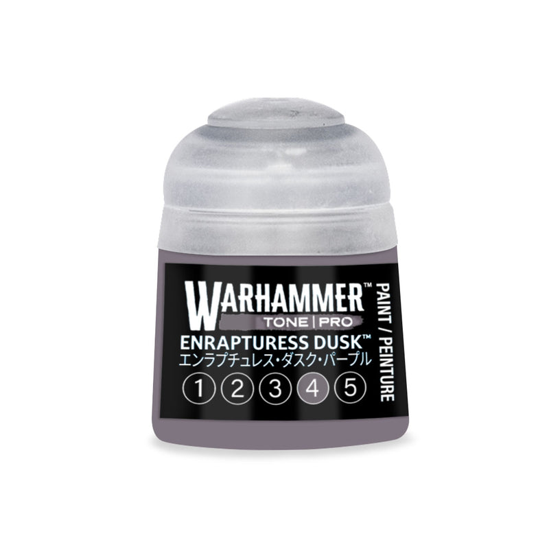 A small Warhammer Tone Pro paint pot with a grey cap and a label reading Enrapturess Dusk, featuring the numbers one through five enclosed in circles at the bottom.