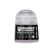 A Warhammer Tone Pro paint pot containing muted purple Enrapturess Dusk liquid, with a label displaying the name and a row of numbers from one to five.