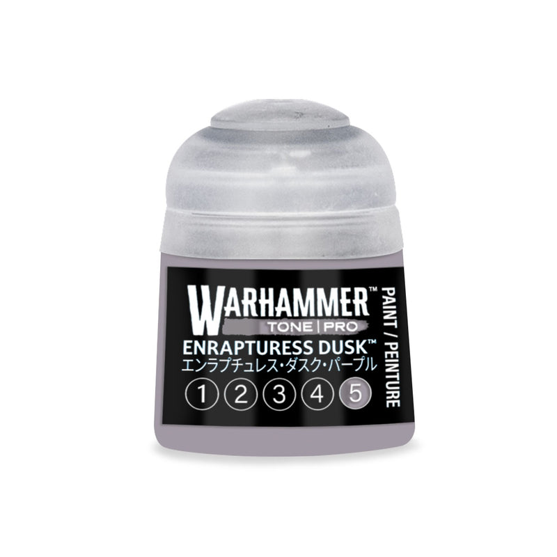 A Warhammer Tone Pro paint pot containing muted purple Enrapturess Dusk liquid, with a label displaying the name and a row of numbers from one to five.