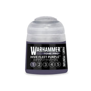 A small Warhammer Tone Pro paint pot in purple with a grey cap, featuring a label that reads Hive Fleet Purple and includes a row of circled numbers from one to five.