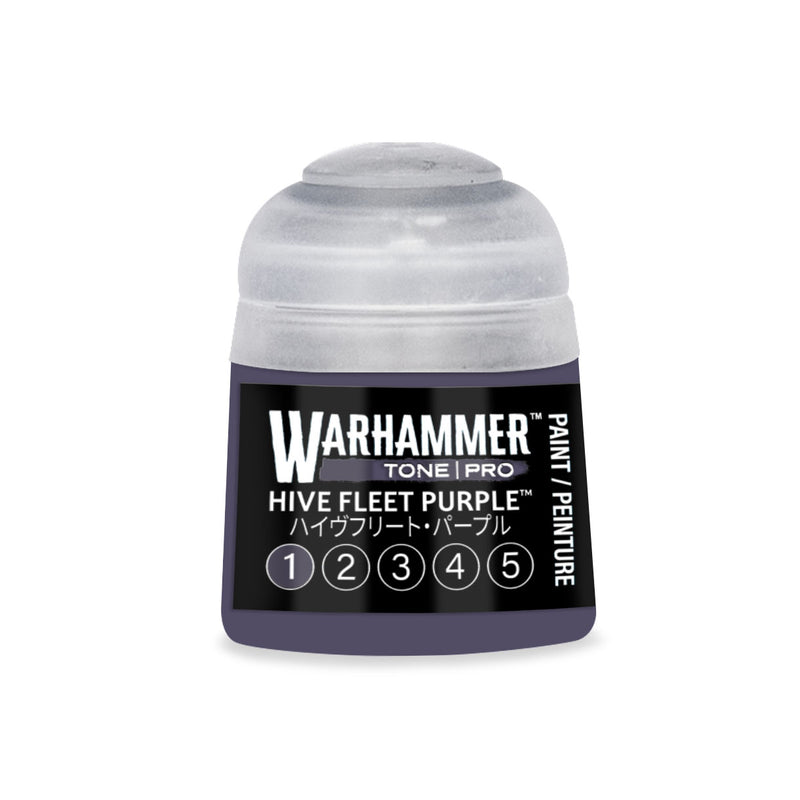A small Warhammer Tone Pro paint pot in purple with a grey cap, featuring a label that reads Hive Fleet Purple and includes a row of circled numbers from one to five.