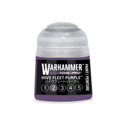 A small plastic pot of Warhammer Tone Pro Hive Fleet Purple miniature paint featuring a clear cap and a label marked with numbers one through five.