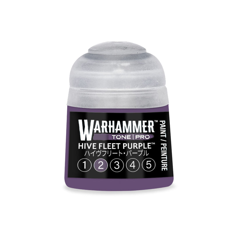 A small plastic pot of Warhammer Tone Pro Hive Fleet Purple miniature paint featuring a clear cap and a label marked with numbers one through five.
