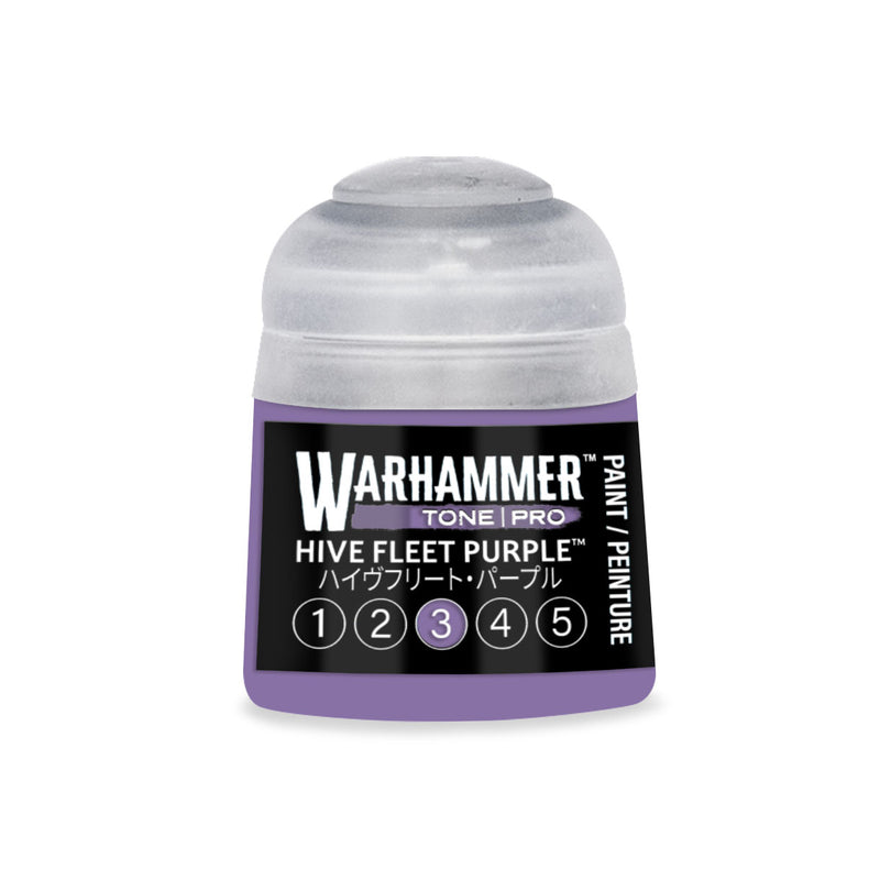 A Warhammer Tone Pro purple paint pot with a Hive Fleet Purple label and a selection gauge numbered one through five, with the third option highlighted.