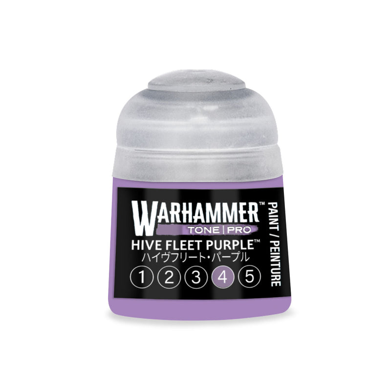 Small pot of Warhammer Tone Pro hobby paint in Hive Fleet Purple, featuring a numbered scale from 1 to 5 on the label.