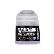 A small pot of Warhammer Tone Pro paint in Hive Fleet Purple, featuring a label with the sequence of numbers from one to five.