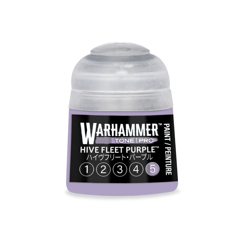 A small pot of Warhammer Tone Pro paint in Hive Fleet Purple, featuring a label with the sequence of numbers from one to five.