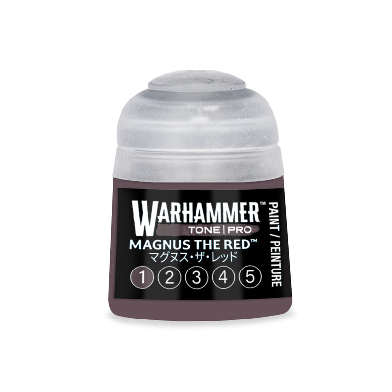 Small bottle of Warhammer Tone Pro dark paint with a black label featuring the name Magnus the Red and a row of numbers from one to five.