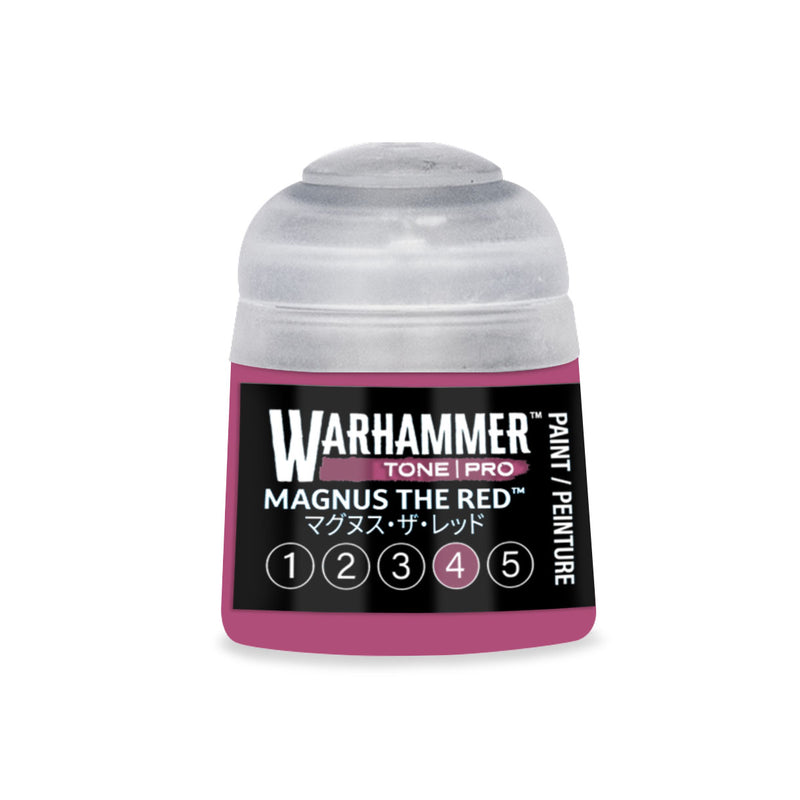 A pot of Warhammer Tone Pro Magnus the Red paint, featuring a selection guide numbered one through five.