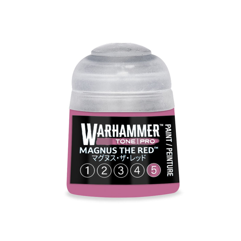A Warhammer Tone Pro paint pot with a translucent cap and a pink label featuring a numerical scale from one to five, with the number five circled.