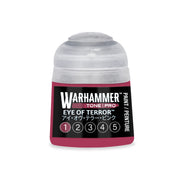 A Warhammer Tone Pro paint pot in deep pink with a white screw-top lid, featuring a label with the text EYE OF TERROR and a row of numbers from one to five.