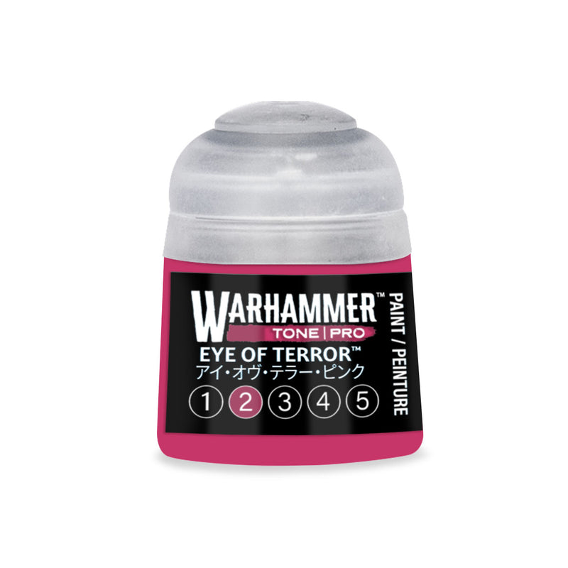 Small pot of Warhammer Tone Pro magenta paint with a black label featuring the product name and a numbered scale from one to five.