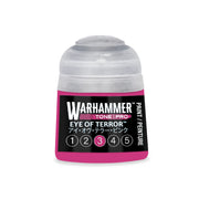 Small pink Warhammer Tone Pro paint pot with a black label featuring the name Eye of Terror and a selection row of numbers one through five, with the number three highlighted in pink.