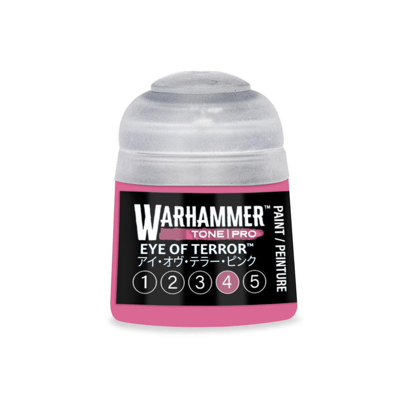 A pot of pink Warhammer Tone Pro hobby paint featuring a translucent cap and a label with the product name and a numbered selection guide.