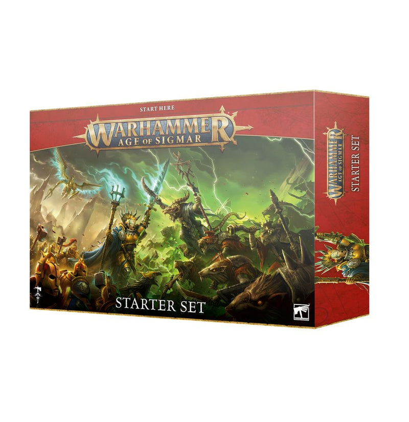 The Warhammer Age of Sigmar: Starter Set box showcases Stormcast Eternals battling fantasy monsters on a vivid, stormy backdrop with a red border and a gold Games Workshop logo.
