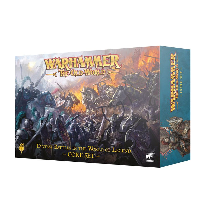 Warhammer: The Old World: Core Set (2026) box features dynamic fantasy battle art with armored Warriors of Chaos and mythical creatures; it is labeled “Fantasy Battles in the World of Legend - Core Set.”.