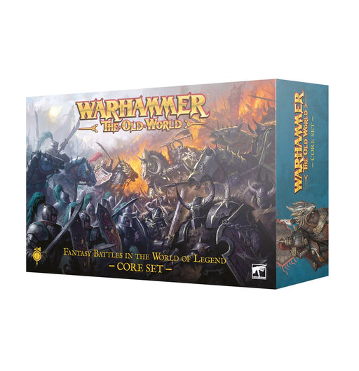 Warhammer: The Old World: Core Set (2026) box features dynamic fantasy battle art with armored Warriors of Chaos and mythical creatures; it is labeled “Fantasy Battles in the World of Legend - Core Set.”.