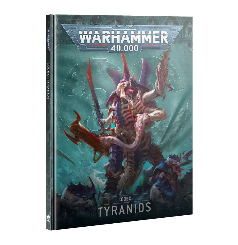 The Warhammer 40k Tyranids Codex 10th Ed is a hardcover book with a cover showing a monstrous Tyranids alien and fierce creatures.