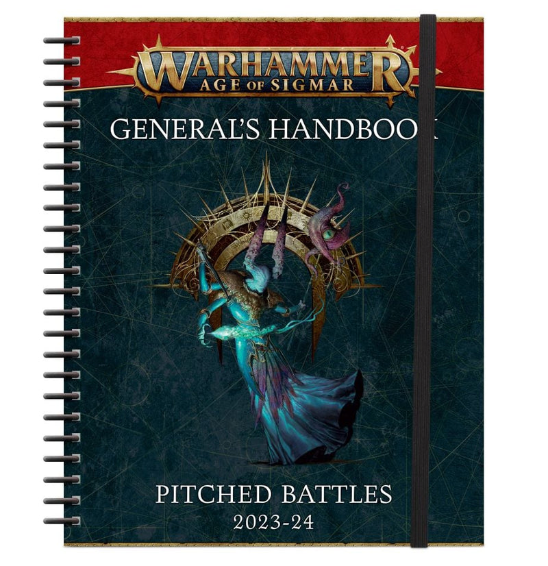 The spiral-bound cover of Age of Sigmar: General's Handbook - Pitched Battles 2023-24 shows a fantasy figure with spectral blue and purple details, set before a decorative circular crest inspired by Andtor the Bitter Land.