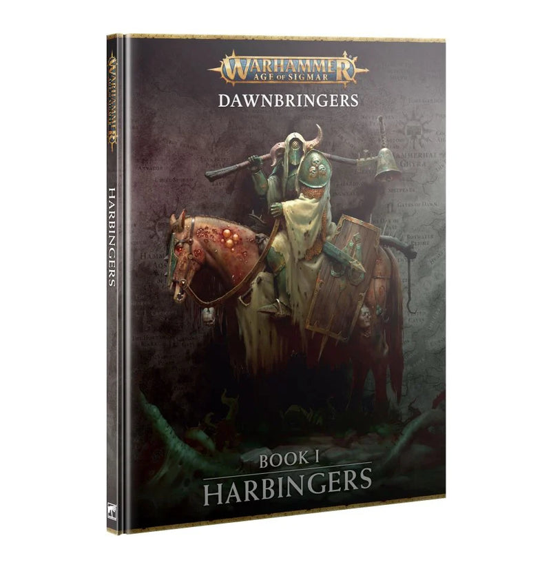 Book cover of Age of Sigmar: Dawnbringers - Book 1 Harbingers, featuring armored warriors riding horses with banners and weapons against a dark fantasy backdrop.