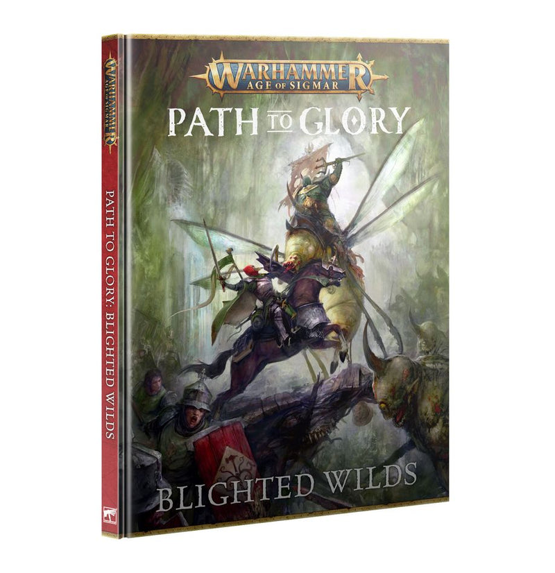 Book cover of Warhammer Age of Sigmar: Path to Glory - Blighted Wilds, with armored warriors and monsters battling in a misty forest.