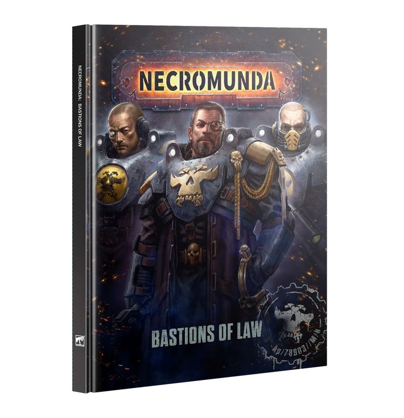 Necromunda: Bastions of Law showcases armored, stern-faced figures on its cover, with a central character bearing a skull emblem and two others in Palanite Enforcers uniforms set against a dark, gritty backdrop. Published by Games Workshop, this book immerses readers in the intense world of Necromunda.