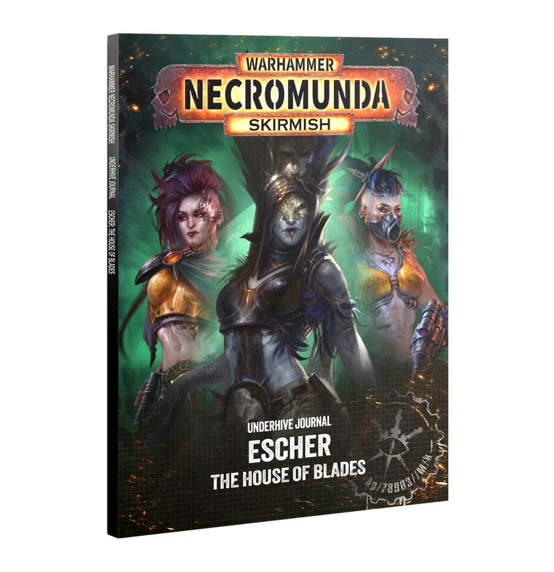 Cover of Necromunda: Escher - House of Blades featuring three fierce, armored female warriors from House Escher with vibrant hair, dramatic makeup, and a dark, cyberpunk background.