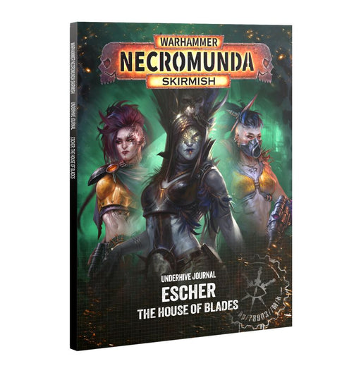 Cover of Necromunda: Escher - House of Blades featuring three fierce, armored female warriors from House Escher with vibrant hair, dramatic makeup, and a dark, cyberpunk background.