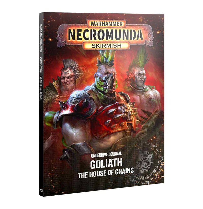 Cover of Necromunda: Goliath - House of Chains, depicting three muscular warriors with mohawks and armor against a fiery, dark background, along with the Games Workshop logo and title text.