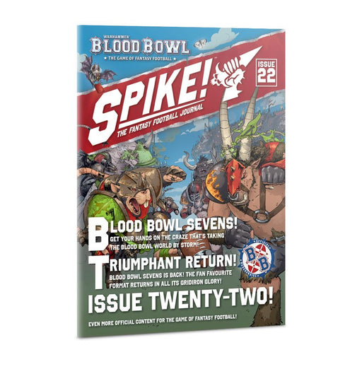 Cover of Blood Bowl: Spike! Issue 22, featuring dynamic illustrations of fantasy characters in the midst of a football match. Bold headlines such as “Blood Bowl Sevens” and “Triumphant Return!” stand out against the action-packed background, making this exciting issue a must-have for fans eager to dive into fresh Blood Bowl rules.