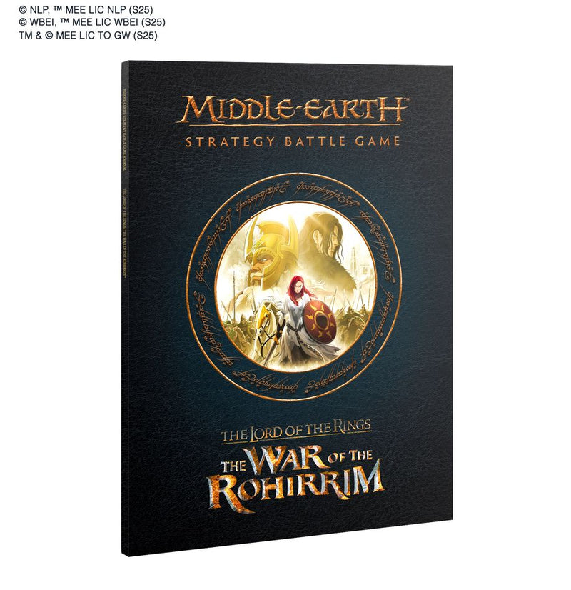 The image shows the cover of LOTR: Middle Earth Strategy Game: Journal - The War of the Rohirrim, featuring a gold-tinted illustration of warriors and runes on a dark background.